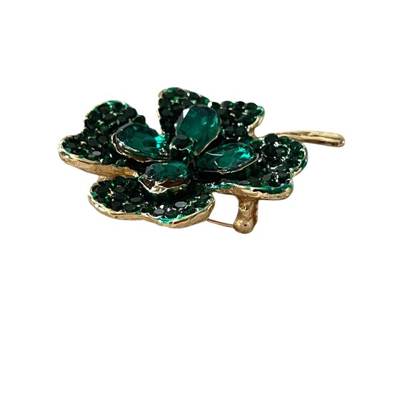 St. Patrick's Day Lucky Four-Leaf Clover Shamrock Rhinestone Brooch - Picture 3 of 4
